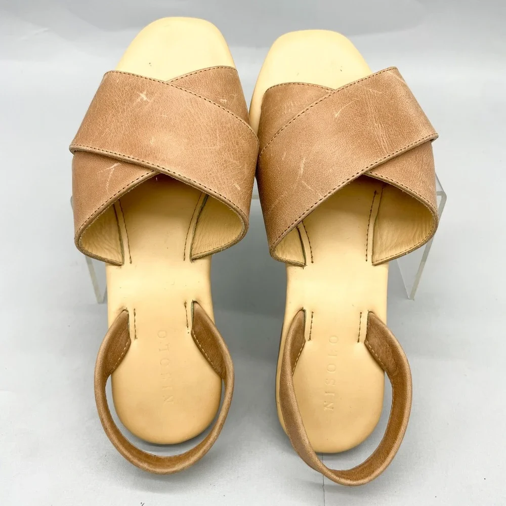 Nisolo Womens 7 All Day Cross Strap Sandals Shoes Tan Leather Slingback Flats